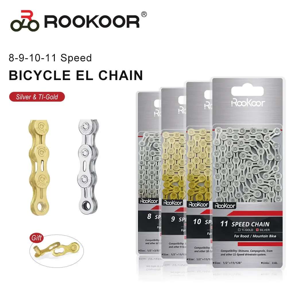 Rookoor MTB дорожная велосипедная цепь 6 7 8 скоростей с серебряным титановым покрытием EL полуполые цепи 116 звеньев велосипедные аксессуары часть велосипеда