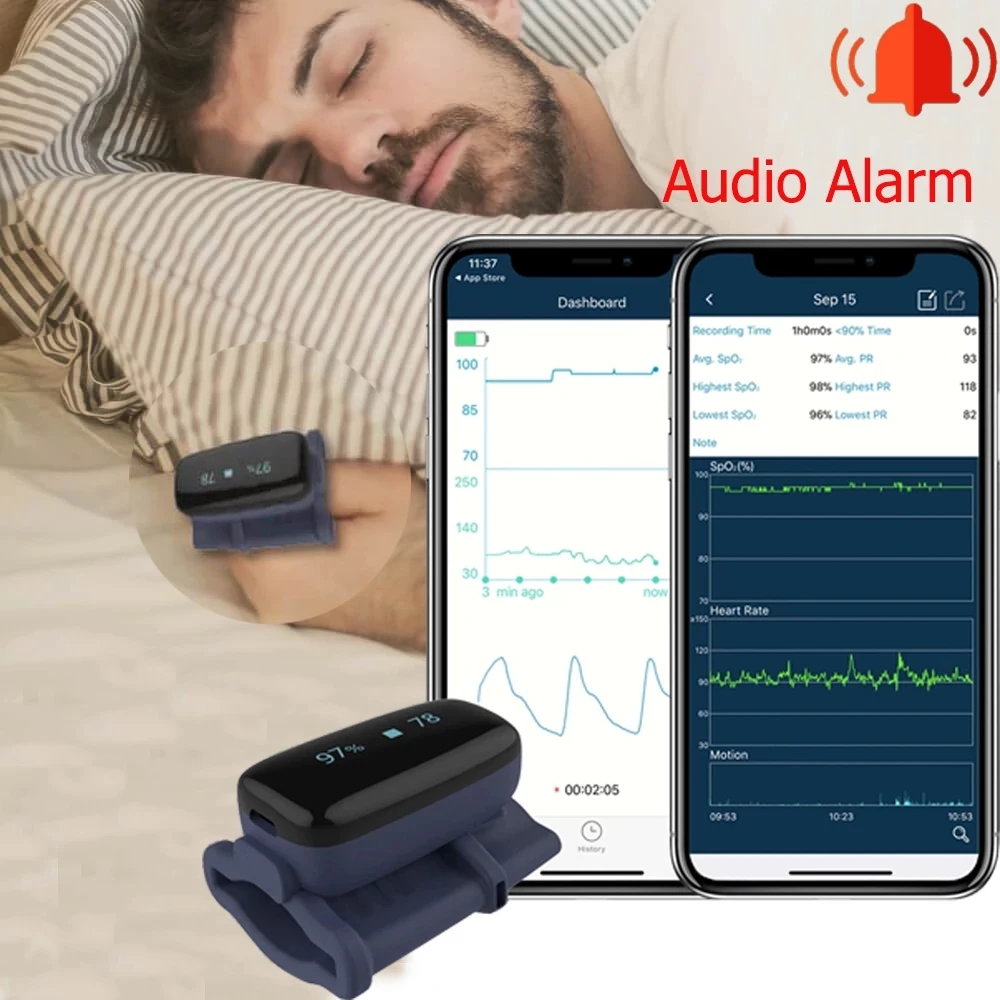 Фото Пульсоксиметр на кончик пальца, Bluetooth, насыщение крови кислородом, оксимеро, мониторинг сна, хранение данных, звуковая сигнализация, измеритель уровня кислорода в крови №2