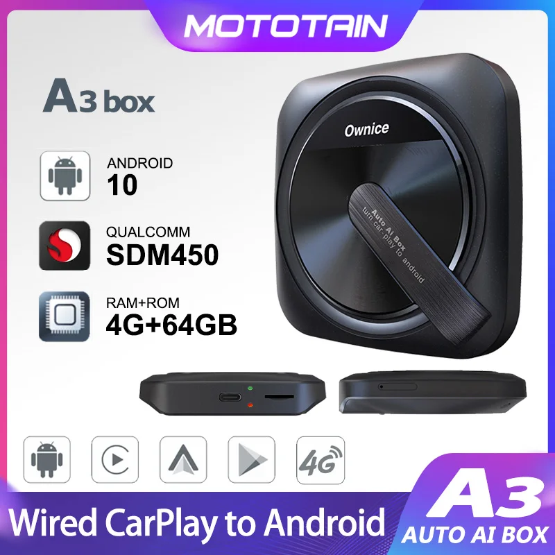 Ownice A3 CarPlay Ai Box Беспроводная Автомобильная приставка Android для потоковой передачи телевизора для Spotify NetFlix ipTV Waz аудио видео плеер