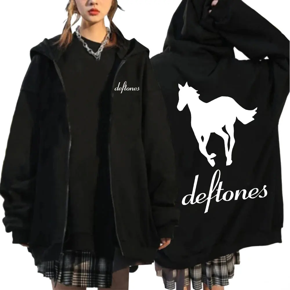 Фото Белая толстовка на молнии Deftones, толстовка на молнии в стиле хоп рок-группы, толстовка в стиле Харадзюку, толстовки большого размера с длинным рукавом, пальто, уличная одежда №1