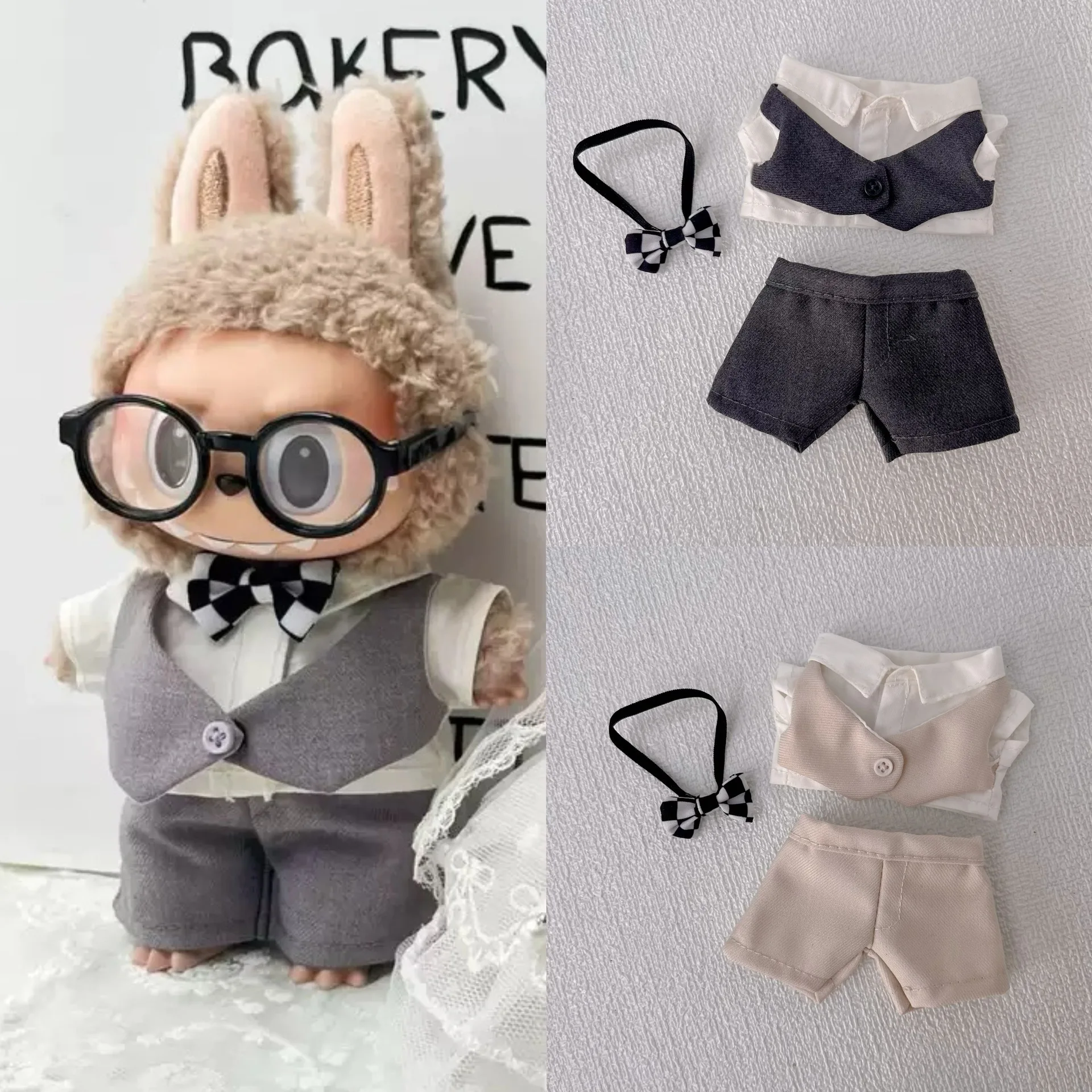 Фото Labubu костюм в стиле жениха для кукол 1-го-3 поколения 15/17 см, элегантный жилет, рубашка, шорты, комплект с галстуком-бабочкой №2