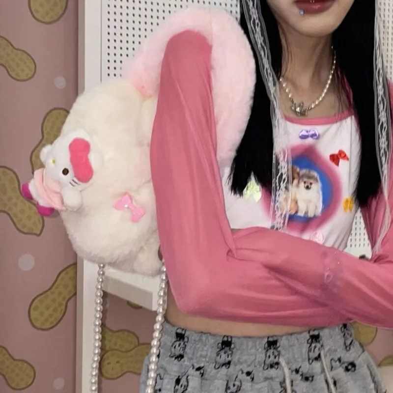 Фото Xiuya Y2k милая сумка на плечо для женщин Hello Kitty плюшевая пушистая маленькая модная сумка мягкая женская сумка через плечо в стиле Харадзюку №5