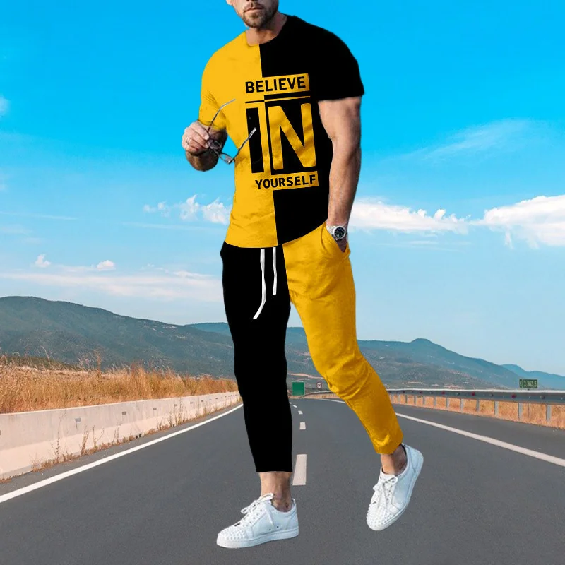 Baju Musim Panas модная футболка с 3D рисунком, Kuning LAN Celana Jang Celana Jalan Pakaian Pria Se