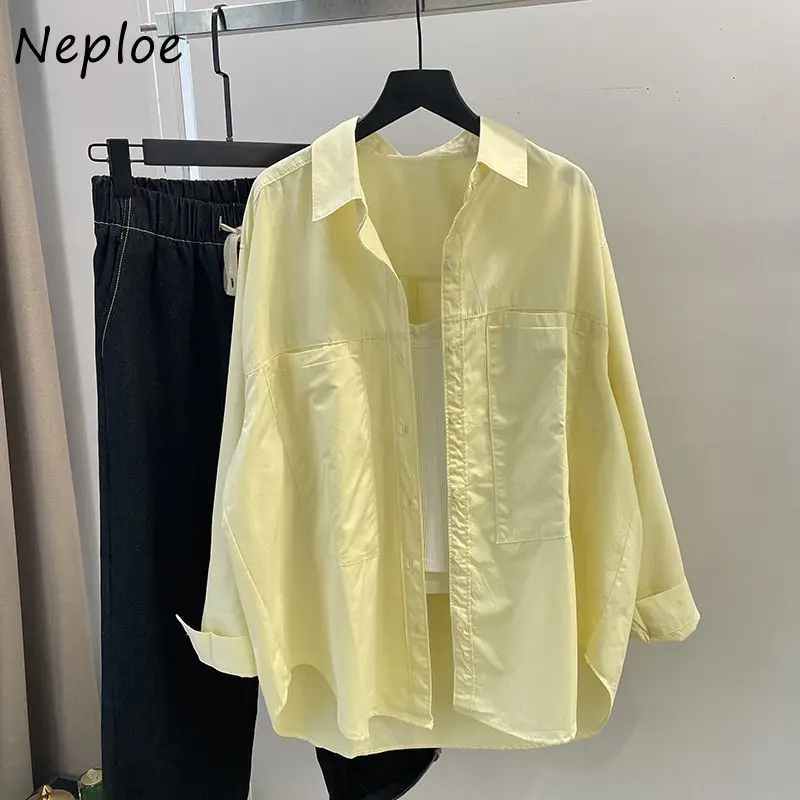 Neploe однотонные свободные корейские шикарные рубашки средней длины с длинным рукавом, свободные повседневные многослойные рубашки Ropa Mujer, уличная одежда, модные блузки в стиле хип-хоп