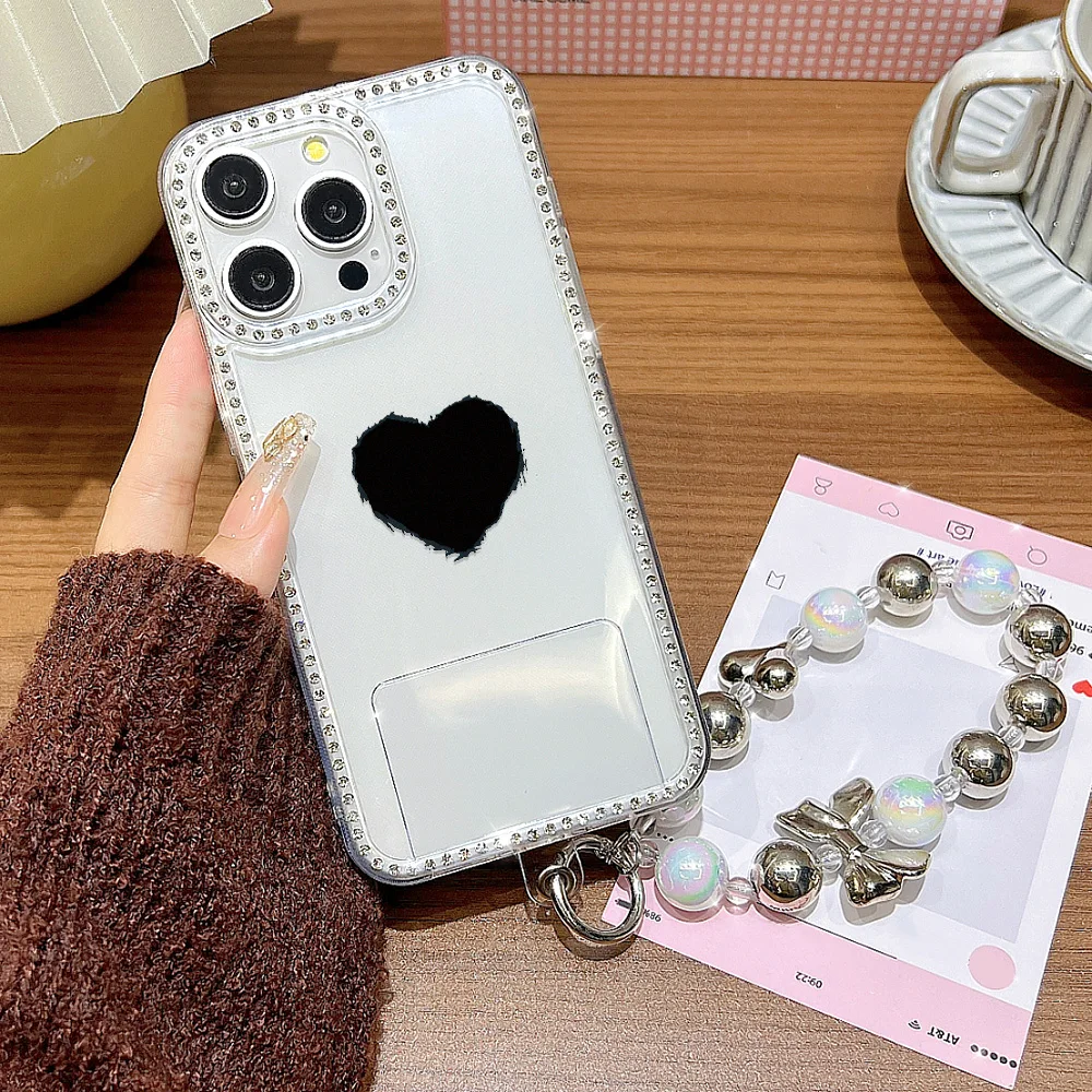 Чехол с жемчужным ремешком и бриллиантами для iPhone 16 Pro Max Fundas iPhone 17 Air 16 Pro 15 14 13 12 11 Pink Cat Clear Soft Cover