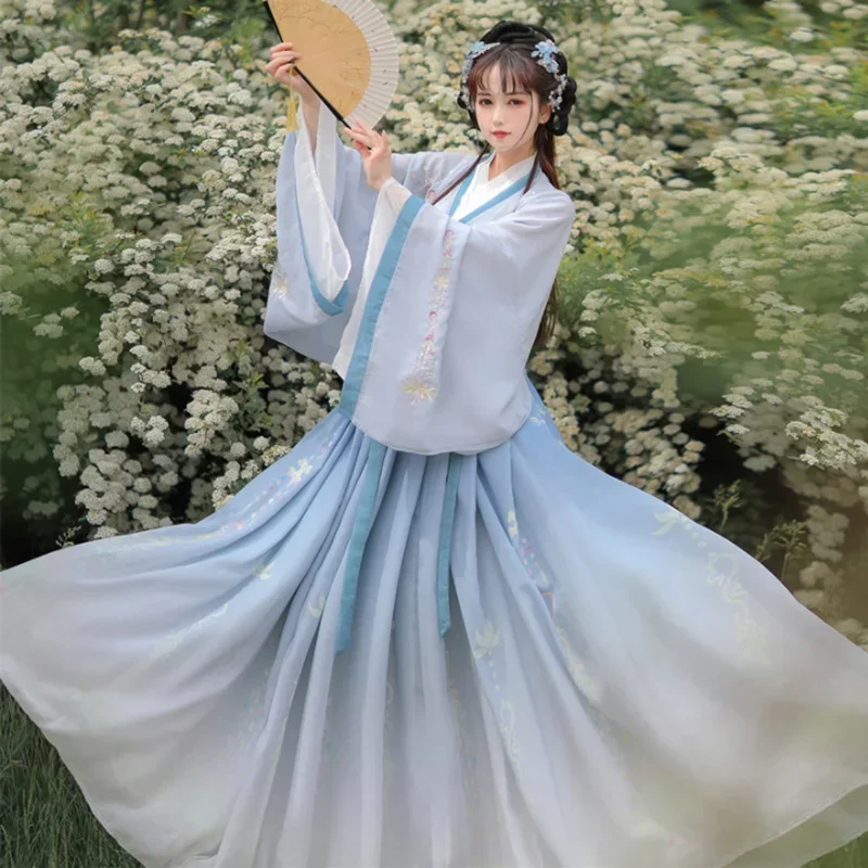 Фото Женское платье Hanfu с традиционной китайской вышивкой для сценических танцев, женский костюм феи для косплея, костюм Hanfu с градиентом синего и зеленого цвета для женщин \ №3