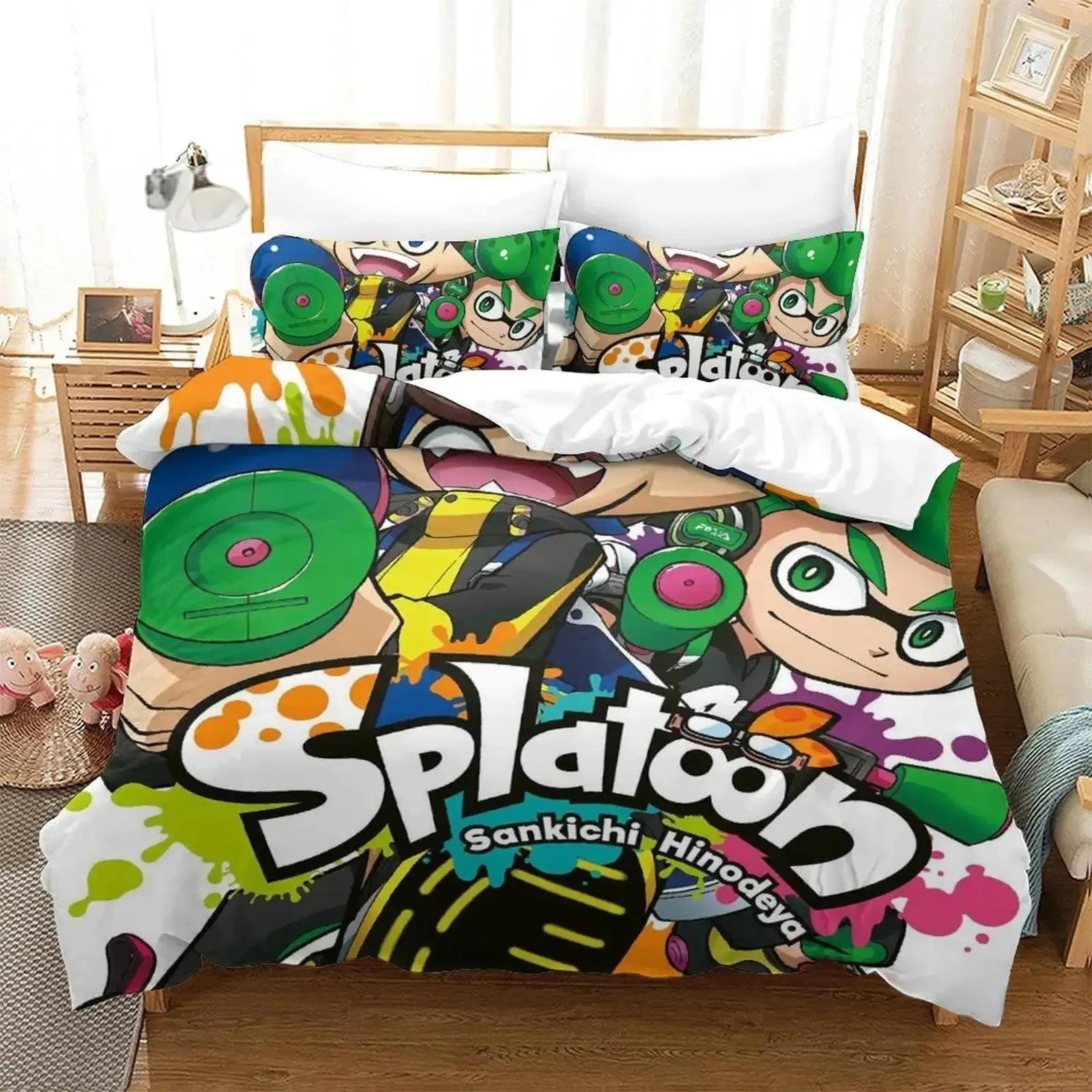 Комплект постельного белья Super Game Splatoon 3, одинарный, полный, королевский размер, комплект постельного белья с героями мультфильмов для малышей, комплекты постельного белья для детской спальни