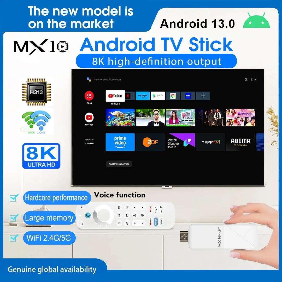 Android 13 TV Stick MX10 K9PRO Allwinner H313 Четырехъядерный процессор 2 ГБ + 16 ГБ Двухдиапазонный Wi-Fi 2,4G + 5G ТВ-приставки