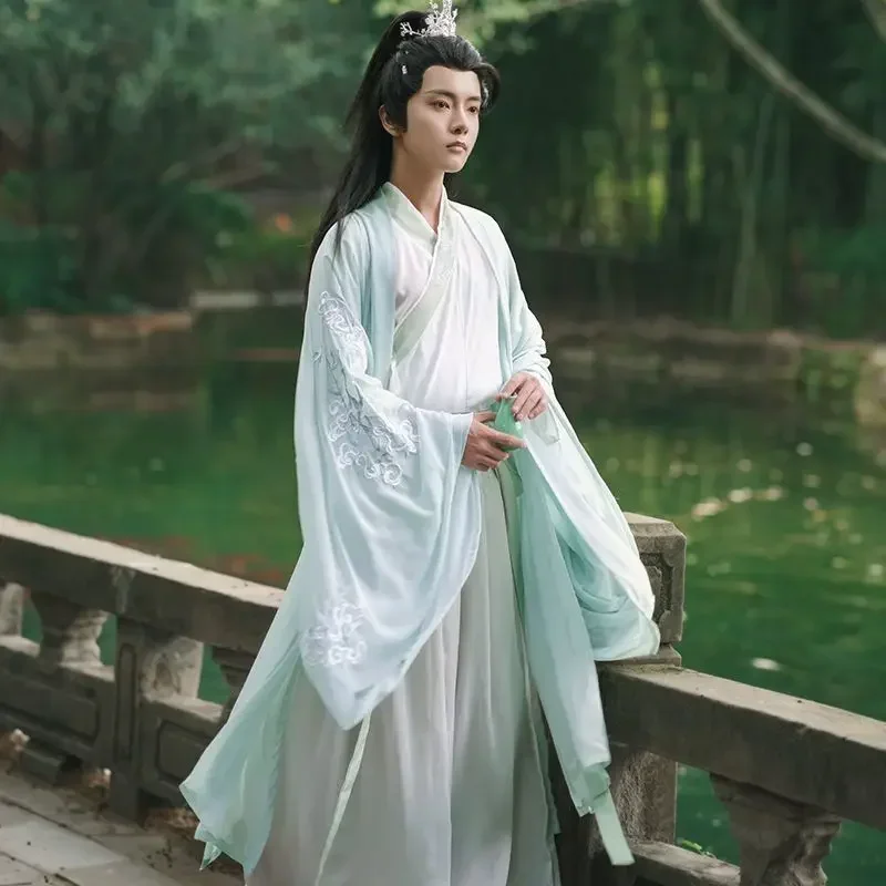 Фото Disfraz Hanfu традиционное китайское мужское, traje Косплей Хэллоуин, camisa azul y blanca antigua, conjuntos falda, №2