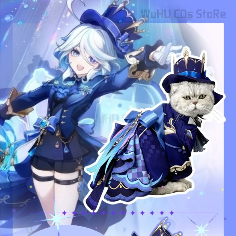 Фото Focalors Furina Косплей Костюм для домашних животных Женская одежда Doujin косплей костюм игры Genshin ударопрочная синяя форма головной убор необычный комплект №2