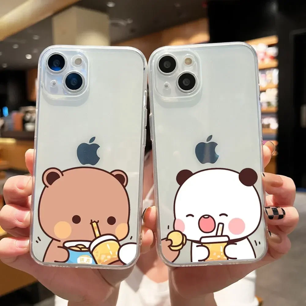 Чехол для телефона с забавной парой медведя для iPhone 11, 12, 13, 14, 15, 16 Pro Max Mini X XR XS MAX Plus, прозрачный парный чехол с мультяшным животным