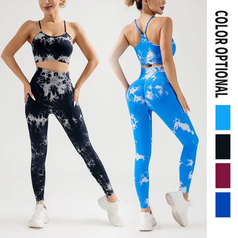 Фото Женский спортивный костюм Tie Dye для йоги, комплект для фитнеса и йоги, спортивная одежда, тренировочный бюстгальтер, леггинсы с высокой талией, одежда для спортзала, бесшовные спортивные костюмы №3