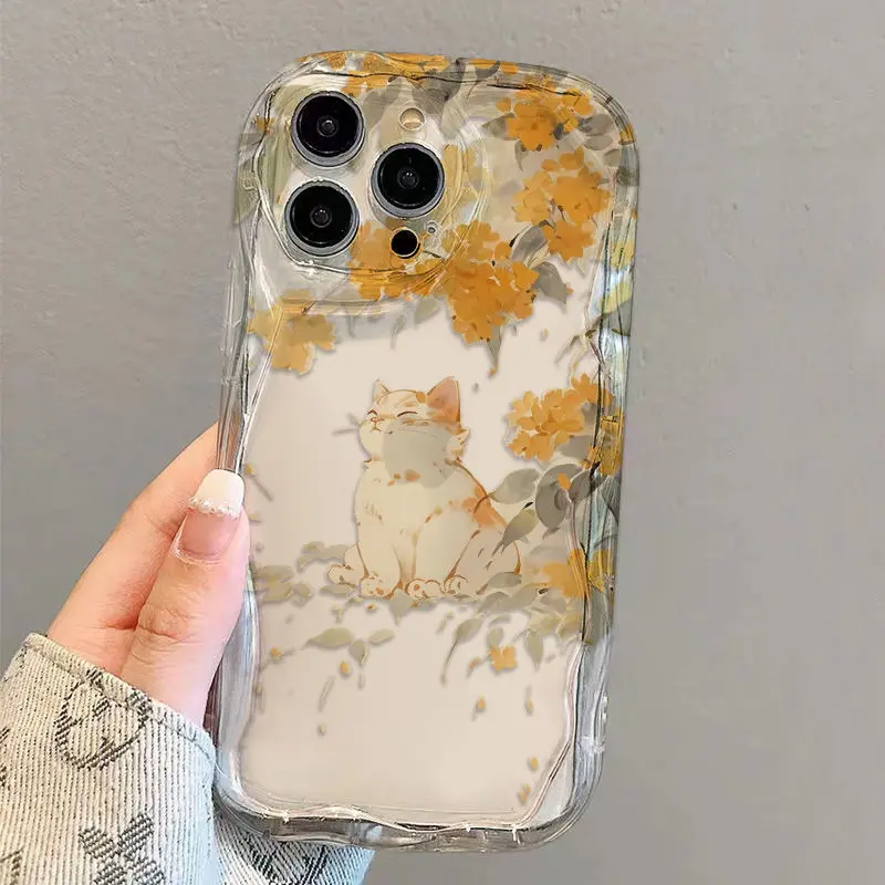 Чехол для телефона «Осенние листья и кошки» для iPhone 16 15 14 13 12 11 Pro Max XR X XS 14 15 7 8 Plus SE Y2K, милый мягкий силиконовый прозрачный чехол
