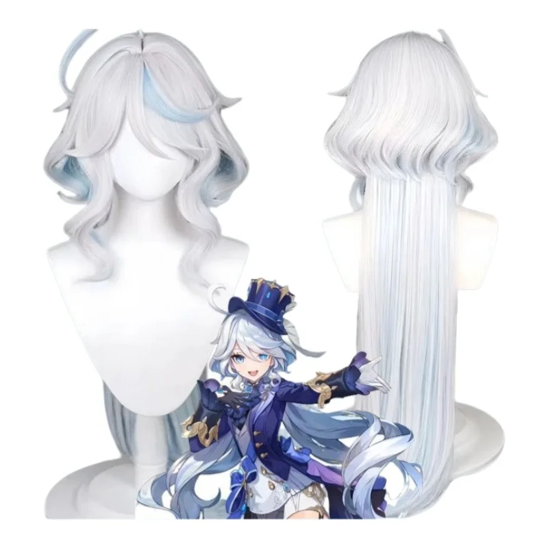 Постоянно меняющийся аниме Genshin Impact Fontaine Water God Funina Same Style Синий и белый длинный вьющийся парик Реалистичный парик для кожи головы