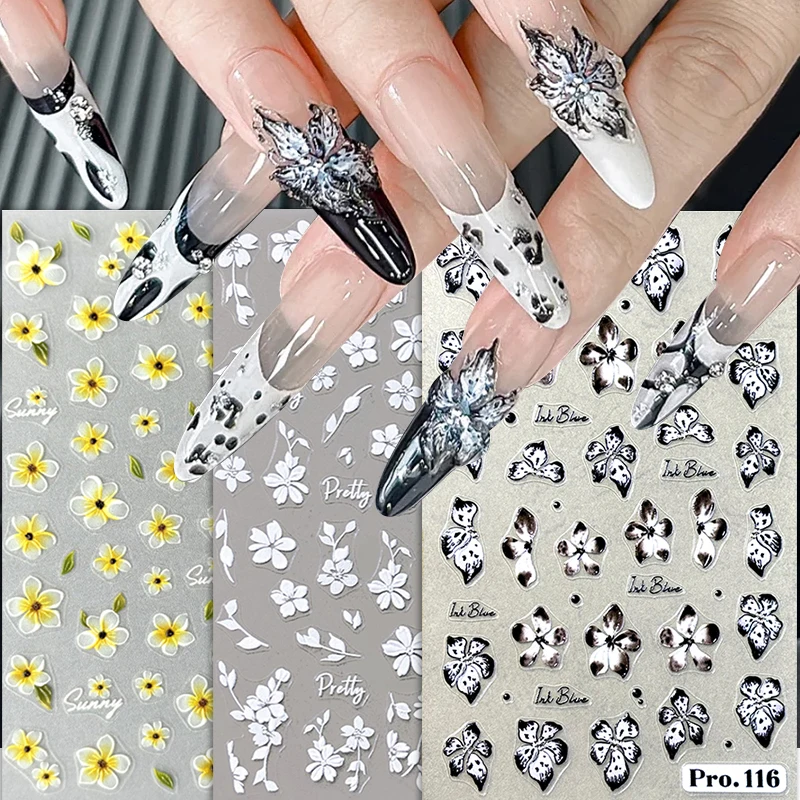 Фото 3D Flowers Nail Art Sticker White Black Yellow Petals Floral Adhesive Sliders Manicure Nail Stickers Decoration For Nail Tips №3