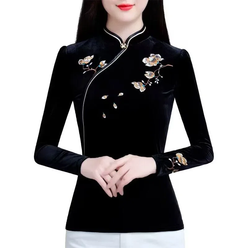 Топ Cheongsam с вышивкой в китайском стиле, новая зимняя элегантная бархатная утолщенная базовая рубашка в стиле ретро