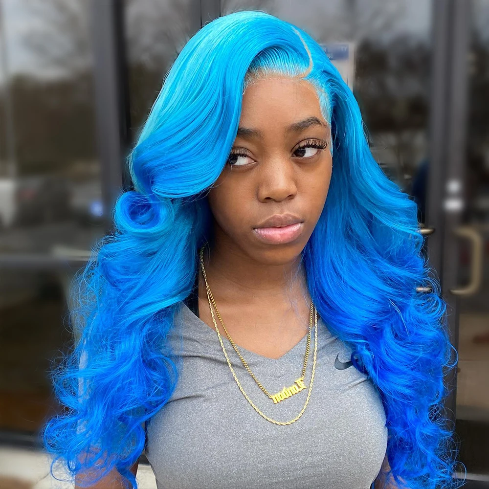 Ombre Blue 13x6 Прозрачные парики из натуральных волос на кружеве для женщин Бразильские объемные волны 13x4 Парики фронтальной части шнурка Предварительно выщипанные 250%