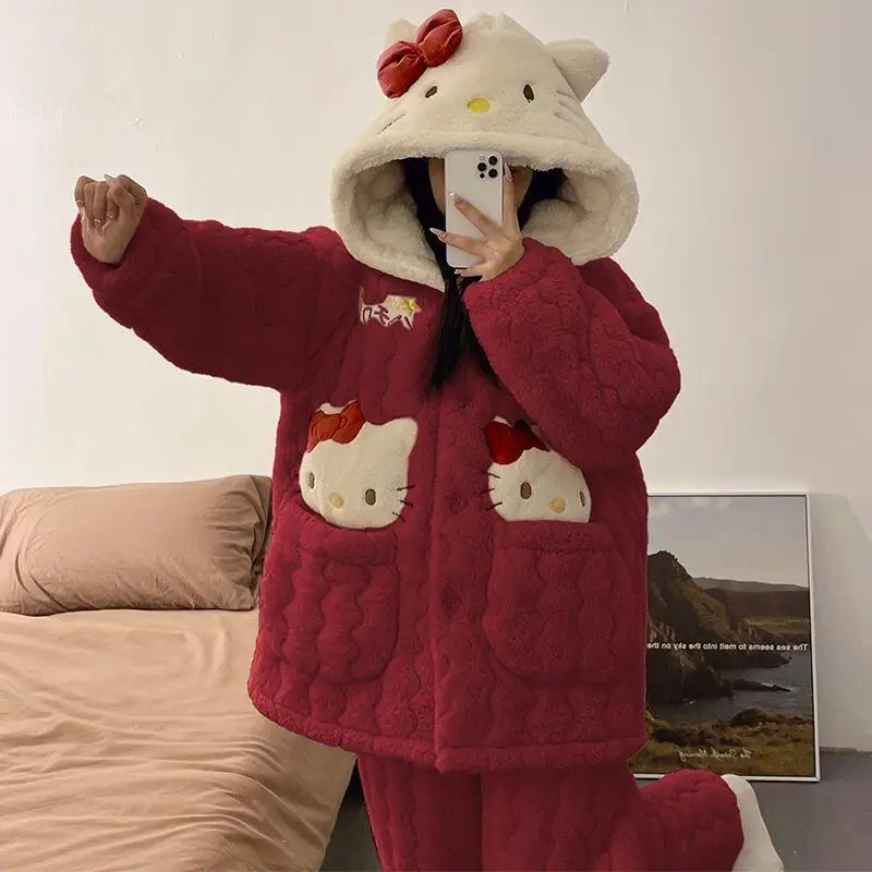 Коралловые бархатные пижамы Sanrio Kuromi, фланелевая домашняя одежда на осень и зиму, бархатный утолщенный модный комплект интернет-знаменитостей