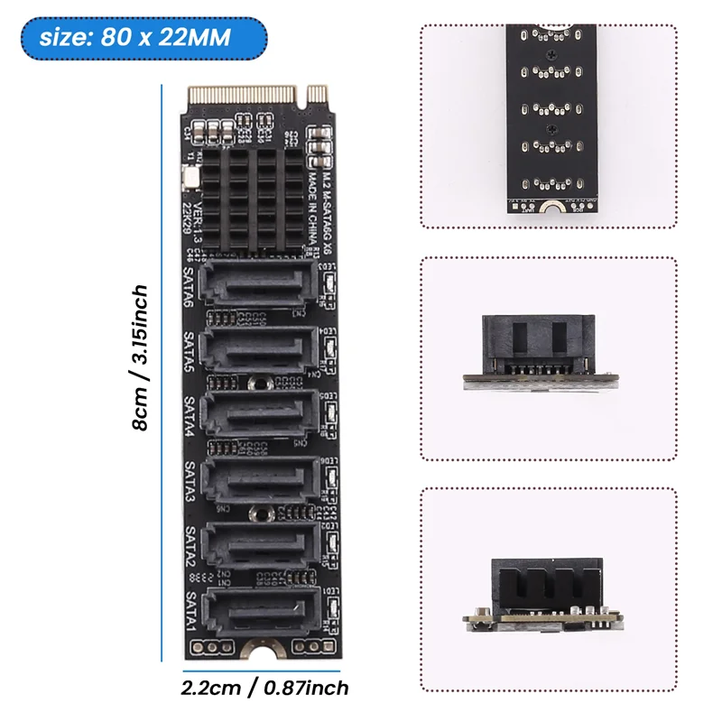 Переходная карта M.2 MKEY PCI-E M.2 NVME к SATA3.0 PCIE к SATA 6Gpbsx6-портовая плата расширения ASM1166 Поддержка функции PM (art.: 3920cfd28d244) - 3920cfd28d244