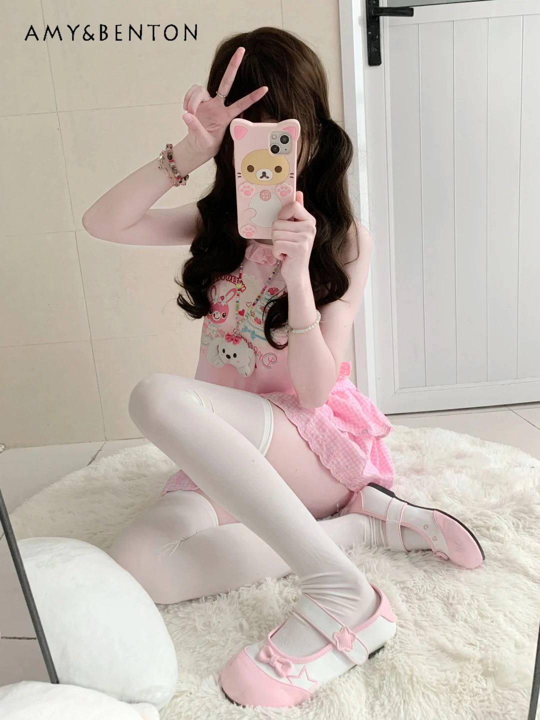 Kawaii костюм в стиле девушки, милый милый мультяшный принт, рюшами по краям, топ без рукавов с круглым вырезом, многослойная юбка, комплект из двух предметов для женщин Y2K (art.: 3920cdc79e680) - 3920cdc79e680