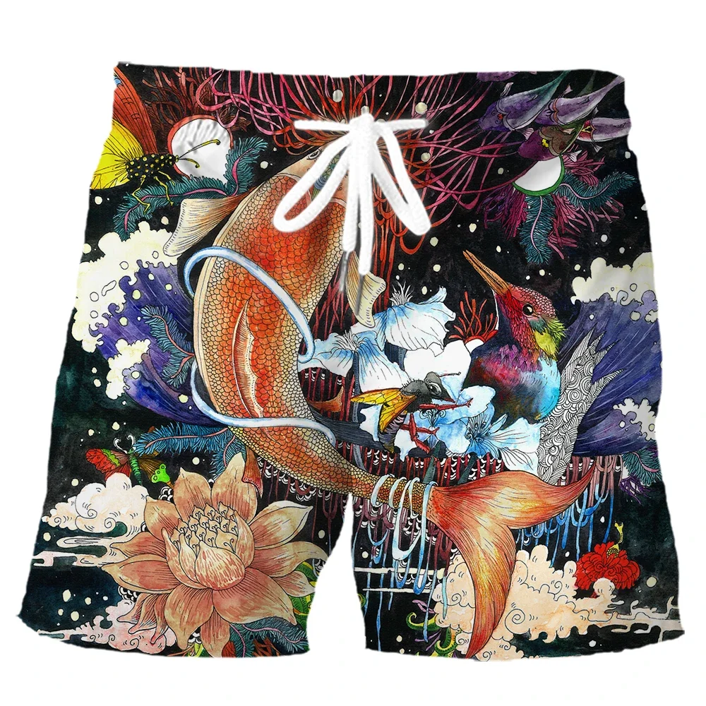 HX Модные спортивные шорты Ukiyo-e Wave Koi Phoenix Lotus Art Брюки с 3D принтом Летние мужские повседневные шорты из полиэстера S-5XL