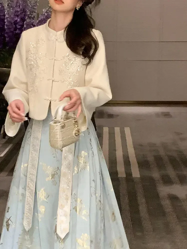 Фото Платье Ming Hanfu, женское пальто с вышивкой для тяжелой промышленности, оригинальное тканое золотое платье для макияжа с цветком и конским лицом, зимнее платье Mamian №3