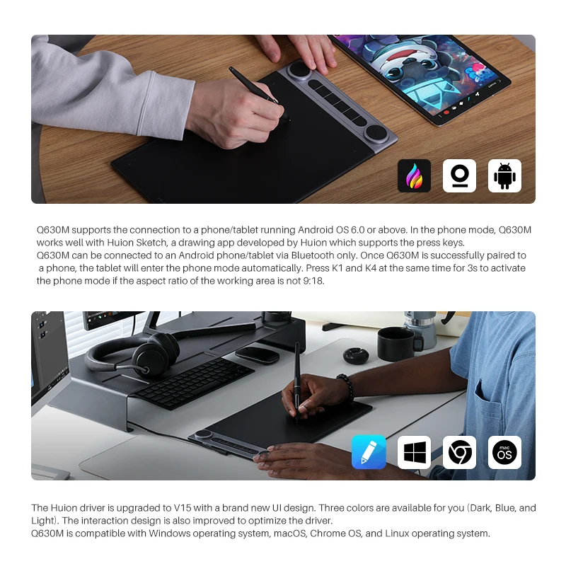 Фото Huion Q630M Беспроводное соединение Цифровая графика Ручка для рисования Дизайн планшета для начинающих Animator Student №5