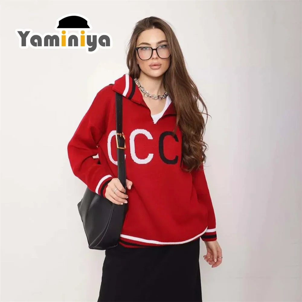 Yaminiya, новинка 2024, женский вязаный свитер с длинными рукавами и лацканами, вязаный женский джемпер с буквенным принтом, простая модная повседневная рубашка для женщин