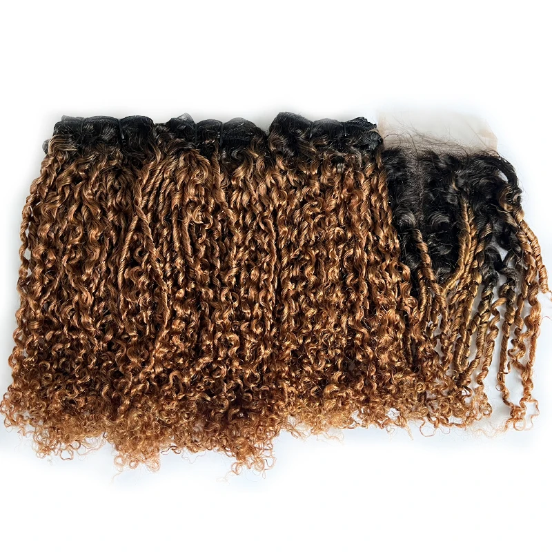 Brazilian Human Hair Pixie Curl Bundles With Closure Ombre Curly Hair 34 Bundles With 4x4 Lace Closure 70gpc Hair Extensions (art.: 3920cc97f3042) - 3920cc97f3042