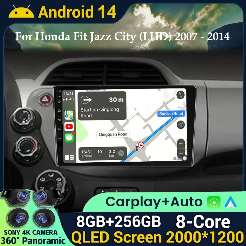 Автомобильная магнитола на Android 14 для HONDA FIT JAZZ (LHD/RHD) 2007-2013, мультимедийный видеоплеер с голосовым ии, беспроводная автомобильная магнитола CarPlay