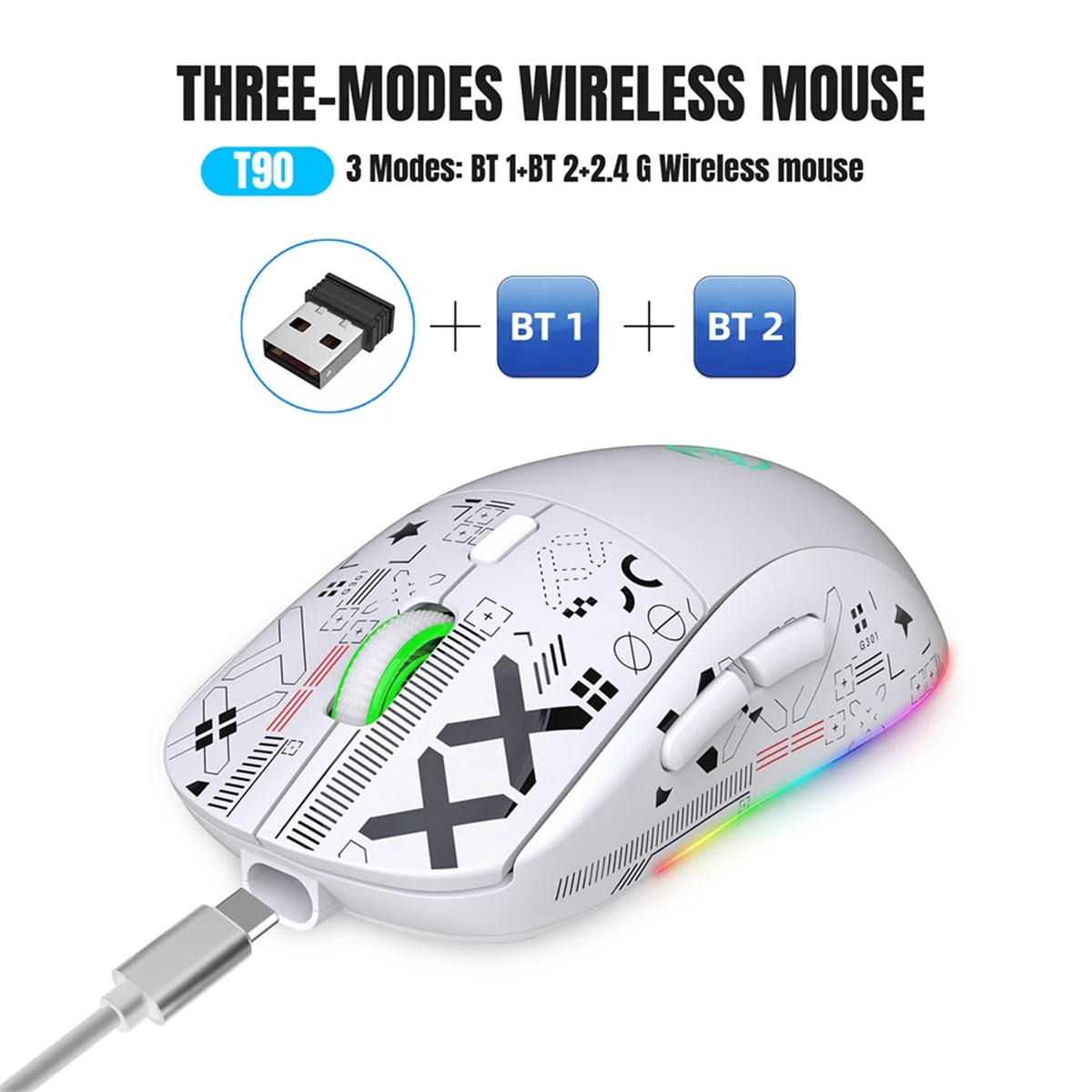 Фото HXSJ T90 Беспроводная механическая мышь 2,4G Игровая мышь RGB Эргономичная мышь с разрешением 3600 точек на дюйм 11 режимов освещения RGB Мыши белые №5