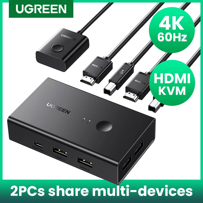 KVM-переключатель UGREEN, совместимый с HDMI, 4K @ 60 Гц, USB 2,0 переключатель, 2 в 1 выход для монитора принтера, мыши, 2 шт., разделитель для 1 устройства