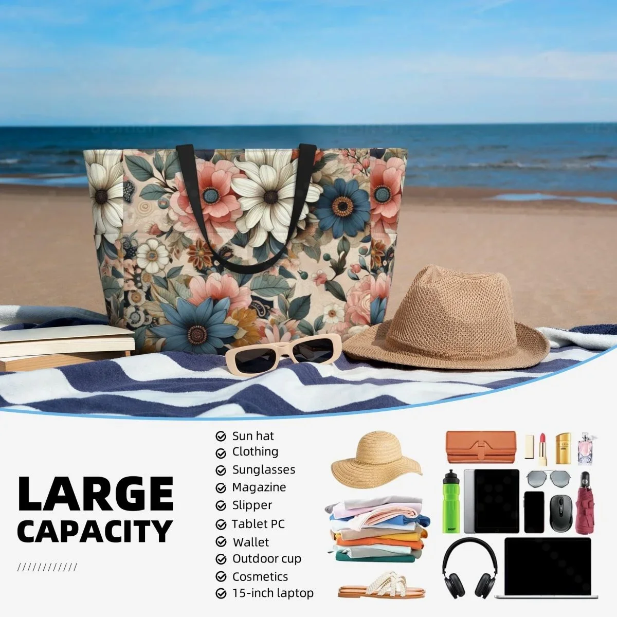 Фото Сумка четыреre-tout voyage à fleurs aquarelle Vintage colorées, grand sac de plage интелistant au sable avec Fermeture кривизна и po №4