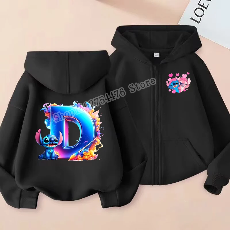Фото Детский кардиган Disney Stitch, куртка с мультяшным алфавитом A-Z, верхняя одежда с принтом для мальчиков и девочек, зимняя повседневная теплая верхняя одежда, подарок для детей №5