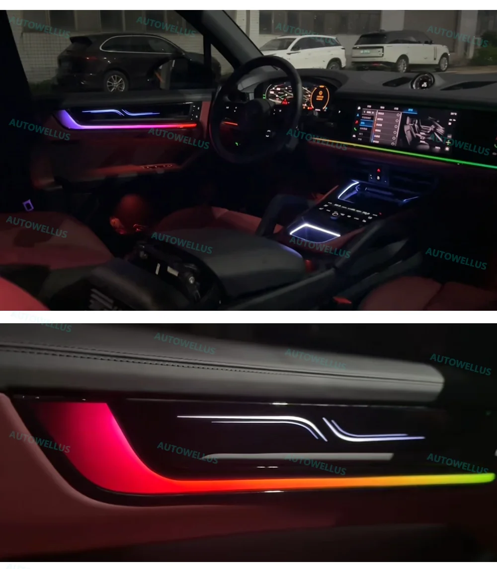 Фото Комплект динамического окружающего освещения для Porsche Cayenne 2024-2025 25 светодиодных фонарей 64 цвета, 4 дверные ручки, контурные фонари, синхронизация музыки №2