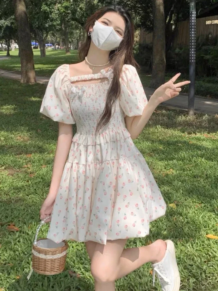 Фото Kawaii платье с цветочным принтом, женское милое летнее платье с высокой талией и пышными рукавами, французское трапециевидное платье принцессы, повседневная одежда, винтажная эстетика №5