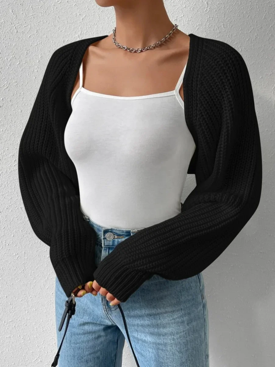 Фото Women Shrugs Cropped Top Full Lantern Sleeve Knitwear Cardigan Long Sleeve Solid Color Ribbed Knit Shrug Sweatet Tops Streetwear №5