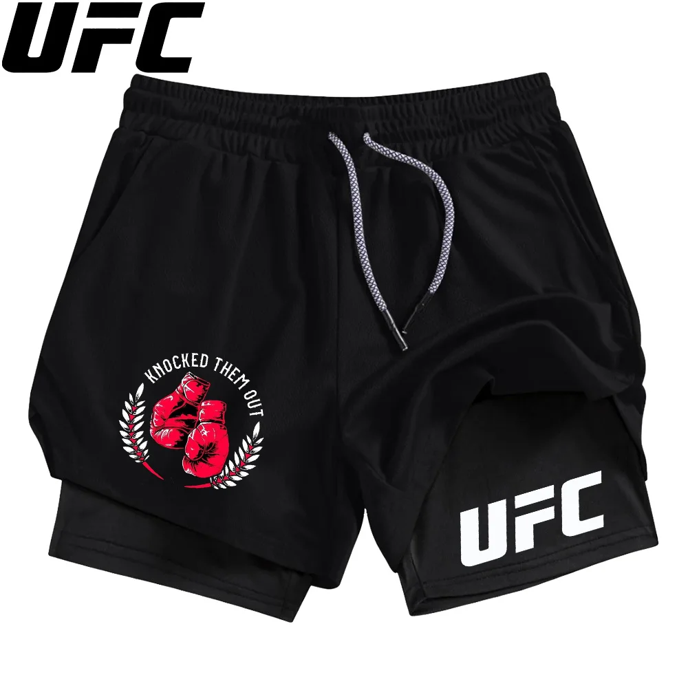 UFC мужские шорты для бега, летняя спортивная одежда, двухслойные короткие штаны 2 в 1, тренировочная одежда для тренировок, мужские спортивные шорты для спортзала и фитнеса