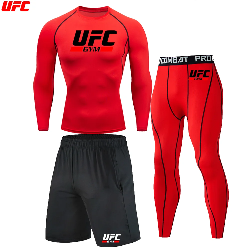 Фото UFC мужские спортивные компрессионные термокомплекты брюки с длинными рукавами дышащий высокоэластичный морозостойкий спортивный костюм для спорта на открытом воздухе комплект из 3 предметов №3