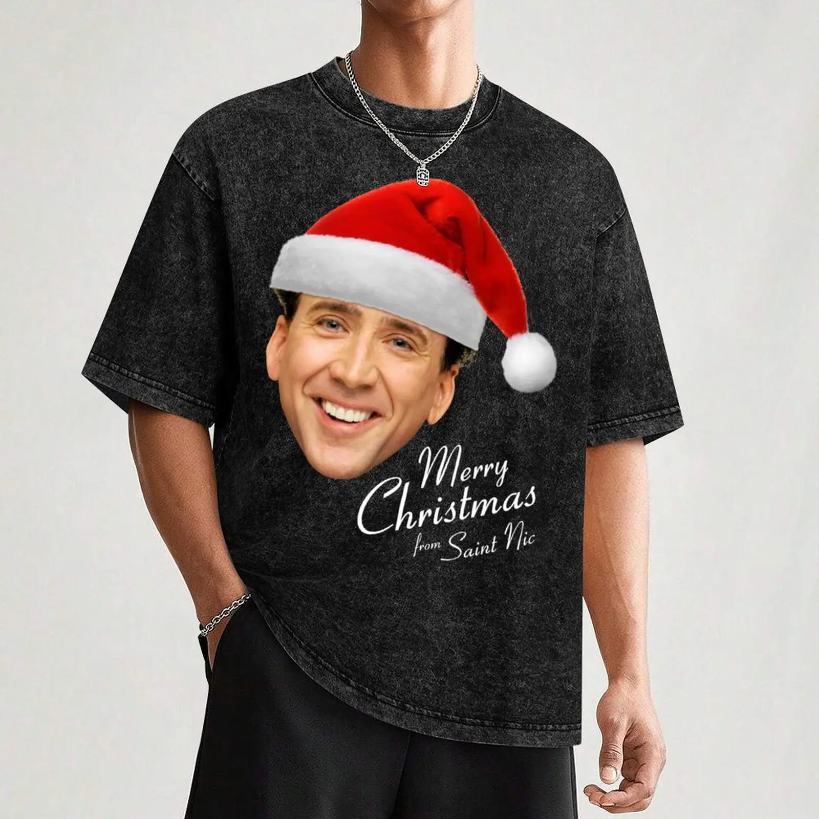 Фото Футболка Merry Christmas from St Nic-olas Cage, роскошная одежда, винтажные футболки Lubu, мужские хлопковые футболки №3