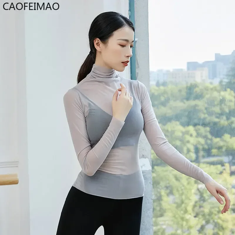 Фото Caofeimao 2025, высокая шея, лето-весна, быстросохнущий прозрачный топ для танцевальной практики, дышащая танцевальная блузка с длинными рукавами, женские топы №2