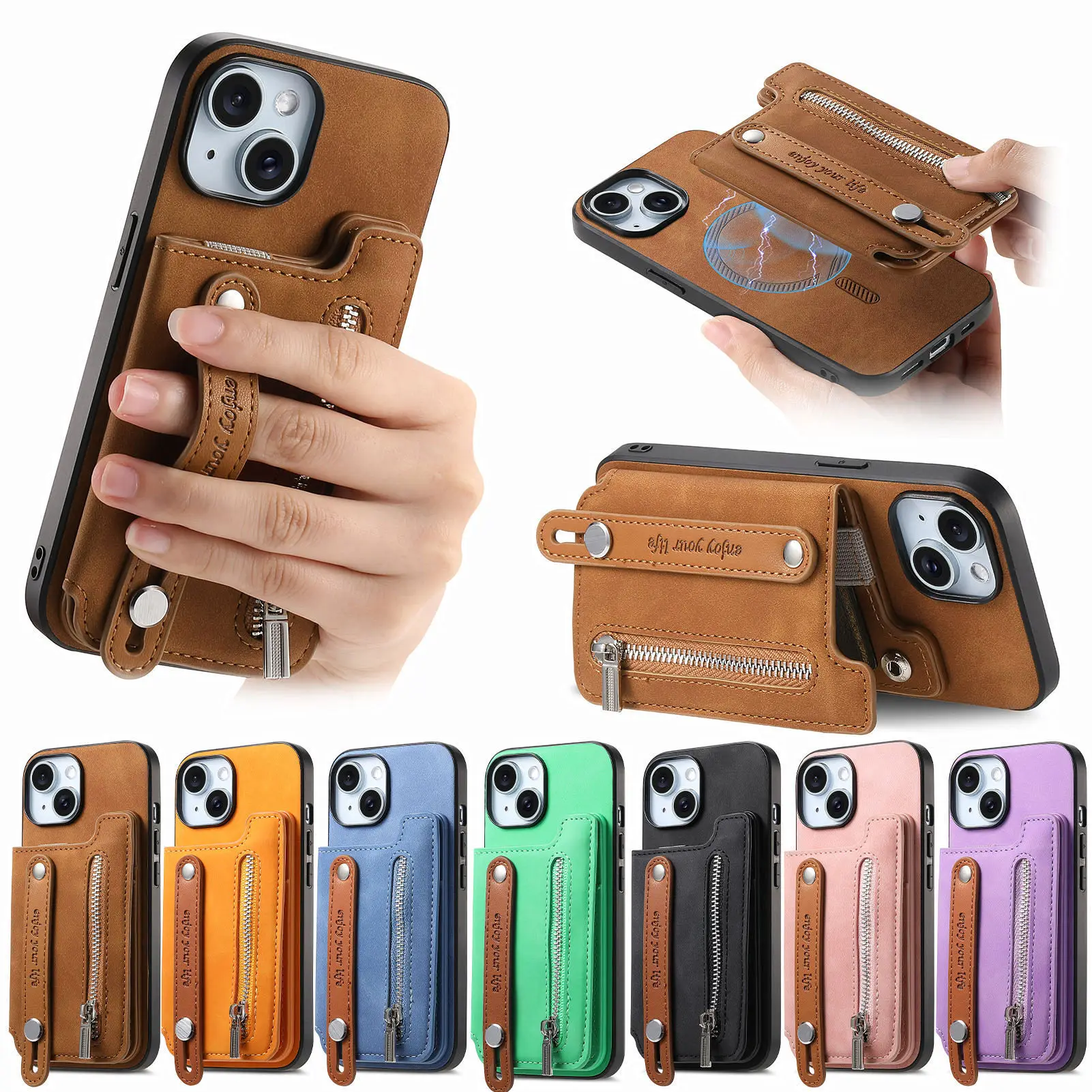 Чехол-кошелек на молнии для Iphone 15 16 14 13 12 11 Pro Max Plus XS X XR 8, кожаный магнитный держатель, съемная сумка для карт
