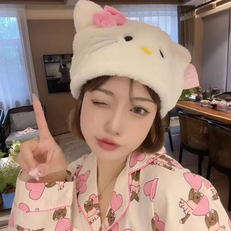 Фото Плюшевая шапка Kawaii KT Cat, милая мультяшная шапка Hello Kitty пуловер и шапка, утолщенная теплая шапка для верховой езды с защитой ушей для девочек, рождественский подарок №3