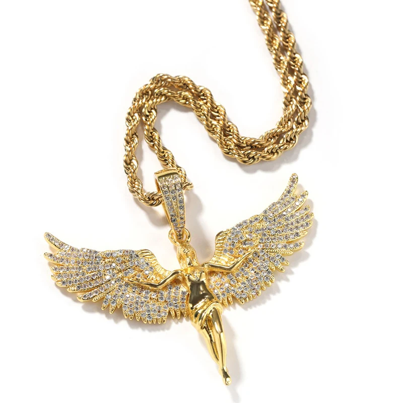 Ожерелье в стиле хип-хоп с микроасфальтированным цирконием AAA + Iced Out Angel Wings, ретро для мужчин и женщин, ювелирные изделия в стиле рэпер