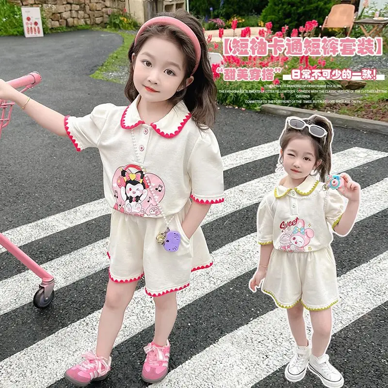 Kawaii Kuromi брюки с коротким рукавом для девочек Sanrio аниме летняя Милая мультяшная удобная детская одежда с принтом модная одежда в подарок