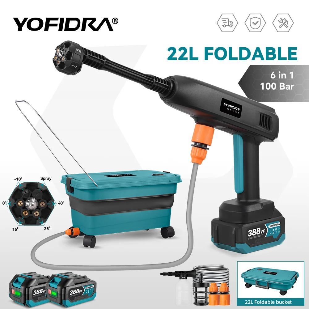 YOFIDRA 100-барный пистолет высокого давления + складной резервуар для воды 22 л, садовый очиститель, садовый пистолет-распылитель для Makita, аккумуляторный штифт 18 В