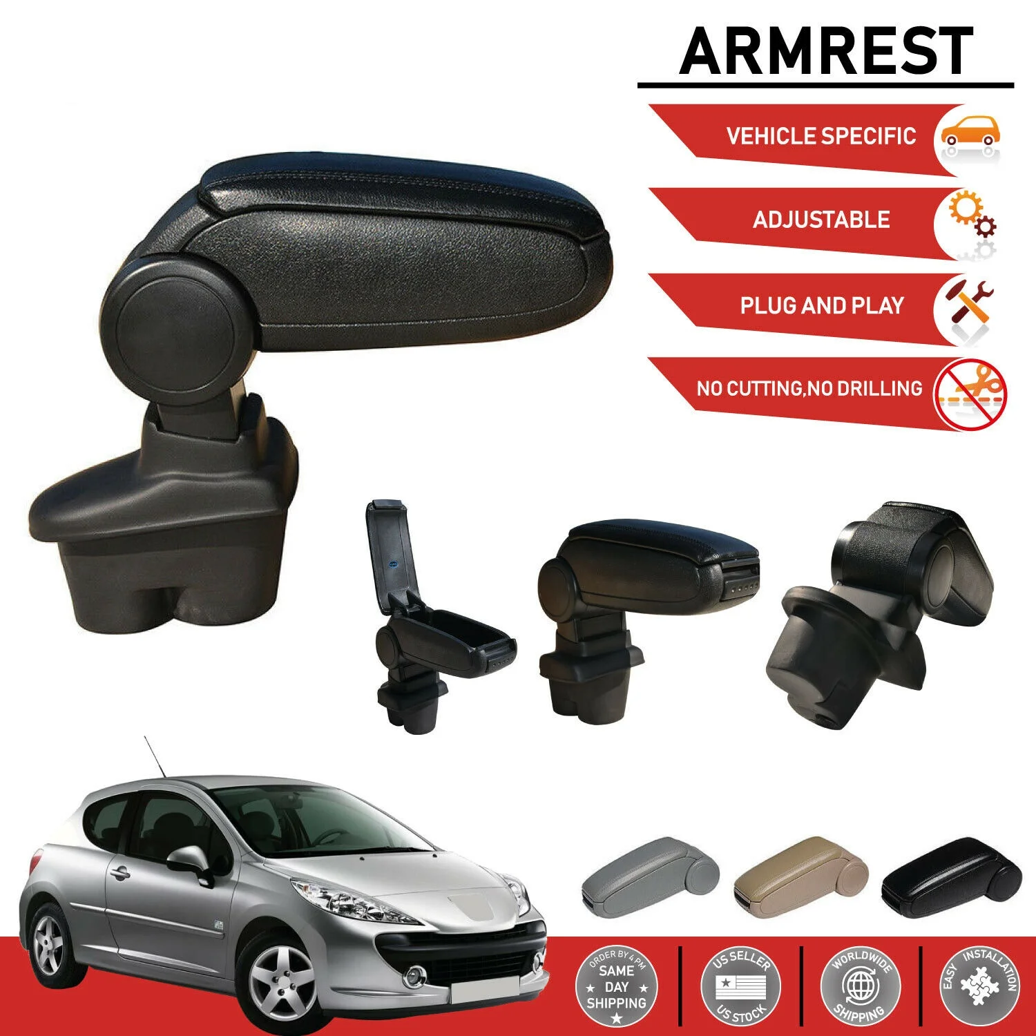 Подлокотник для PEUGEOT 207 2006-2012, черный (низ из волокна), центральный подлокотник для консоли, коробка для хранения, аксессуар