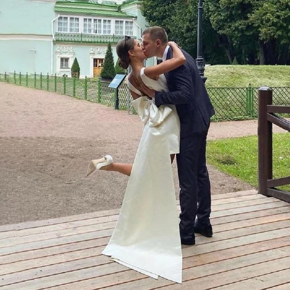 Фото 8442 # Шикарное мини-атласное свадебное платье с глубоким V-образным вырезом и открытой спиной и бантом, элегантное короткое свадебное платье трапециевидной формы в стиле бохо по индивидуальному заказу, свадебное платье №5