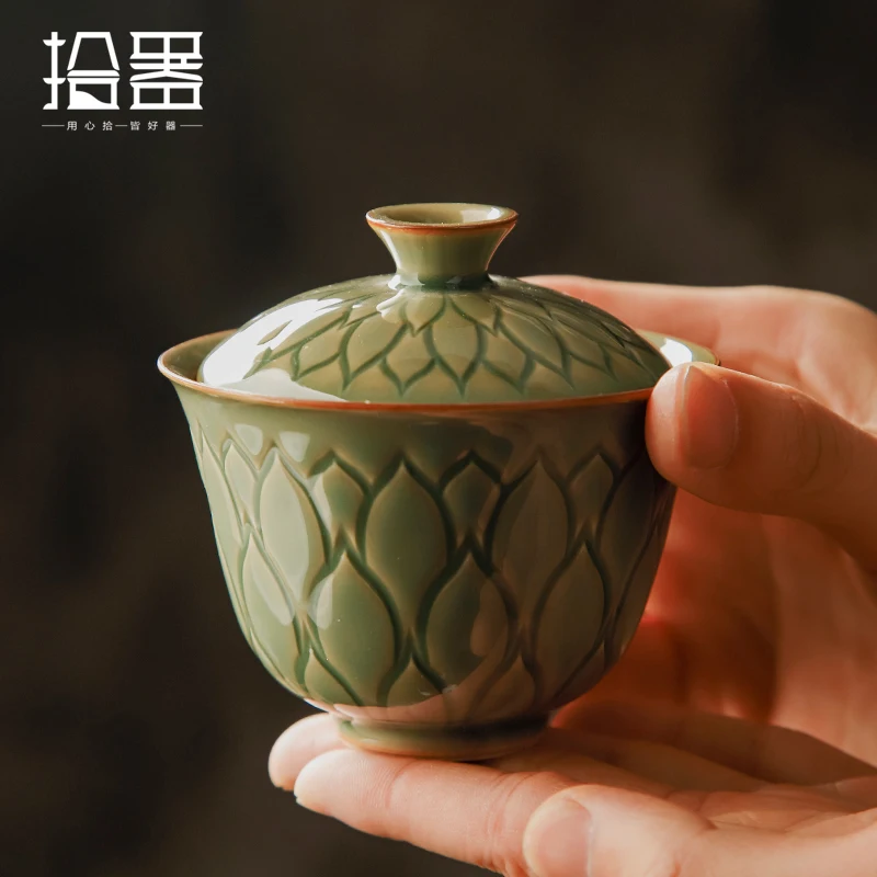 Фото Ретро чаша Селадон санкai, чашка для чая кунг-фу, ручная чашка для чая Yue печь, китайская чайница, одинарная чайная лампа с крышкой №1